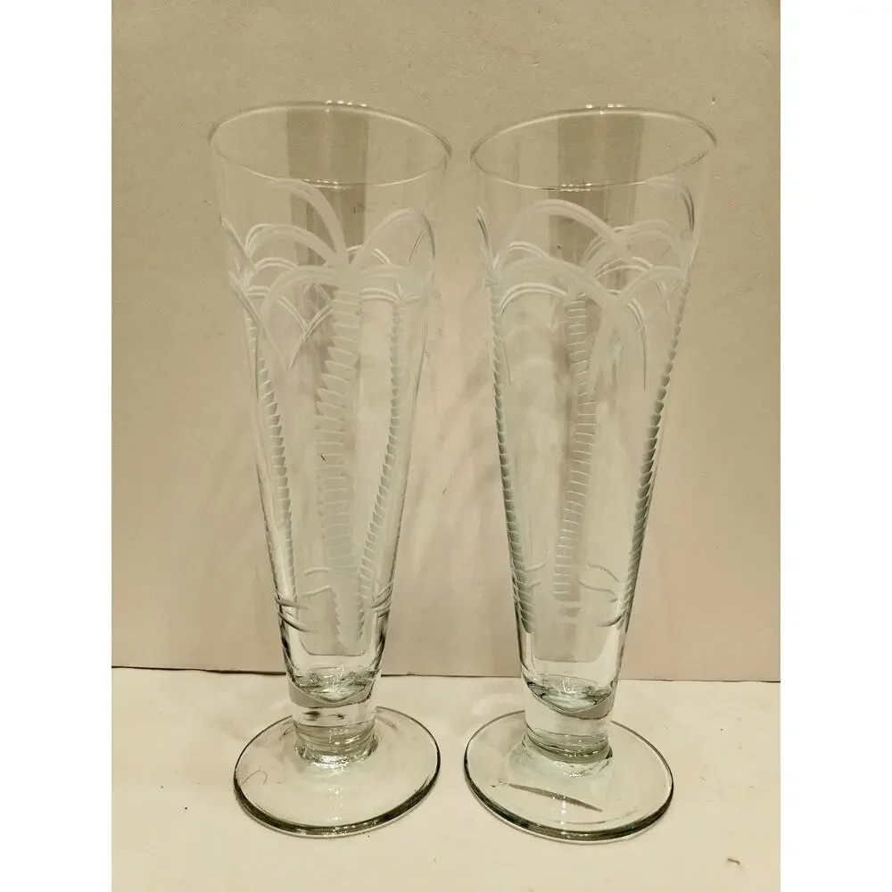 Lot of 2 Rolf Palm Tree Etched Pilsners Tall Crystal Glasses Tropical Clear Set